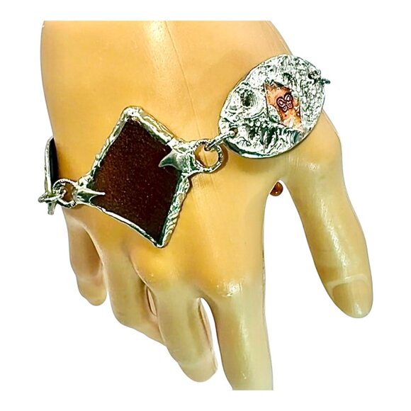 Amber Sea Glass Mixed Metals Butterfly Bracelet w/ Artisan Silver & Copper Adjus - Picture 8 of 16